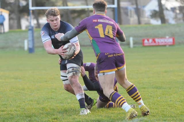 Monroe Job on the ball during Selkirk's 50-17 loss at home to Marr at Philiphaugh on Saturday in rugby's Scottish Premiership (Photo: Grant Kinghorn)