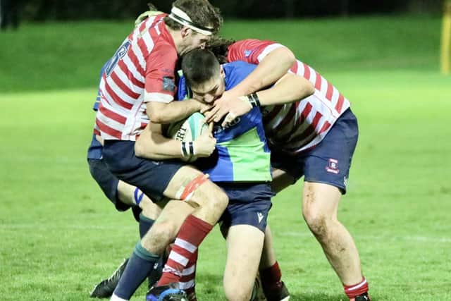 Peebles getting a tackle in against Boroughmuir (Pic: Erica Guiney)