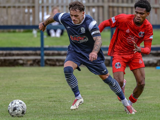 Callum Mitchell in action for Vale of Leithen, with Ayoola Olusoji challenging, during their 3-2 defeat hosting Hawick Royal Albert on Saturday (Photo: Hilary Isaac)