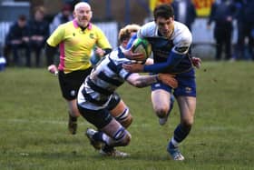 Jed-Forest on the attack during their 29-25 loss at home to Heriot's Blues at Jedburgh's Riverside Park on Saturday (Photo: Steve Cox)