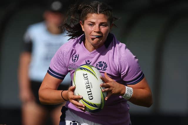 Lisa Thomson on the ball for Scotland during a Women's Rugby World Cup pool match versus New Zealand in Whangarei in October (Photo by Marty Melville/AFP via Getty Images)