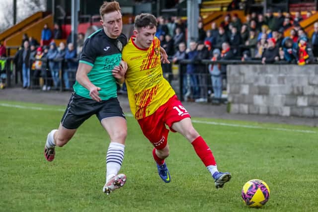 Ethan Dougal, left, in action during Gala Fairydean Rovers' 3-0 loss away to Albion Rovers in Coatbridge on Saturday (Pic: Phil Dawson)