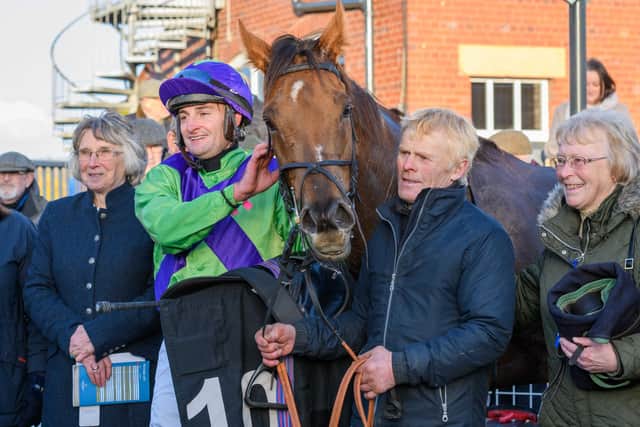 Yetholm trainer Sandy Forster's Dr Shirocco in the winners' enclosure at Musselburgh Racecourse on Wednesday (Photo: Alan Raeburn)