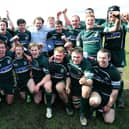 Hawick players celebrating after beating Dundee 39-38 in Edinburgh in April 2013 to secure their return to rugby's Scottish Premiership after four years away (Photo: Ian Rutherford)