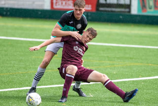 Gala Fairydean Rovers defender Ciaran Greene getting a tackle in during their 1-1 draw with Heart of Midlothian B at home on Saturday (Pic: Thomas Brown)