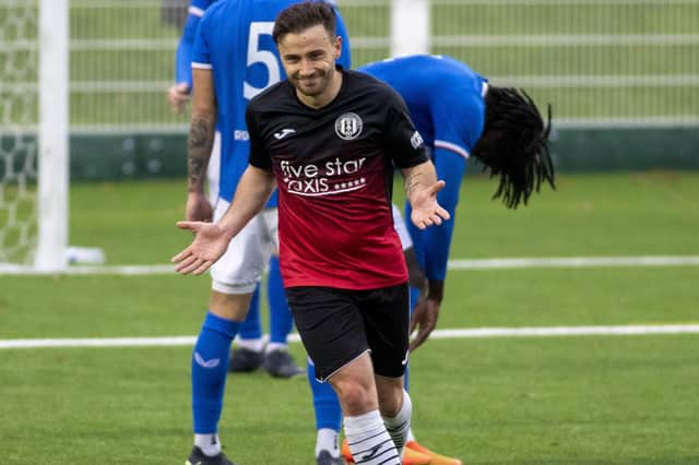 Gala Fairydean Rovers striker Zander Murray celebrating one of his two goals against Rangers B on Saturday (Photo: Thomas Brown)