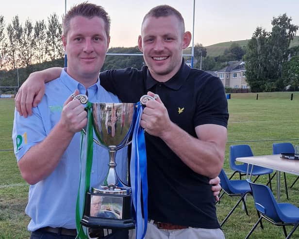 Event organiser Mark Stewart with Garry Ramsay and the Stewart Ramsay Memorial Cup at Earlston on Saturday