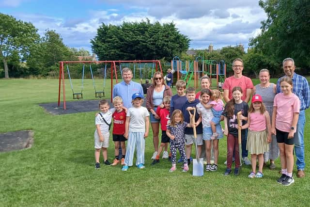 Members of Coldingham Community Council, local children and KOMPAN Scotland’s Contracts Manager Kevin Hodges mark the start of work on the new playpark.