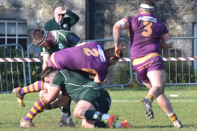 Hawick props Shawn Muir and Tom Hope halting a Marr attack on Saturday (Photo: Malcolm Grant)