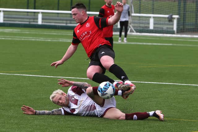 Langlee Amateurs' Jack Hay in action against Kirkfield United in the South of Scotland Amateur Cup's semi-finals on Saturday (Pic: Steve Cox)