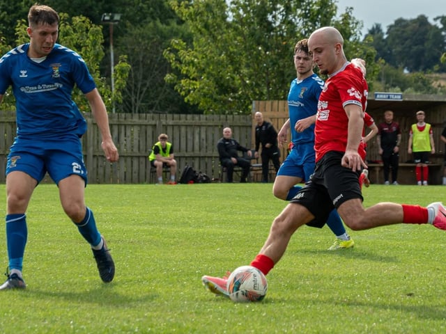 Thomas Hume on defensive duty for Coldstream during their 4-4 draw at home to Kirkcaldy and Dysart on Saturday (Photo: Julie Russell)