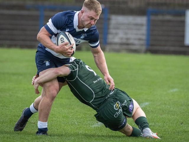 Gareth Welsh making a tackle for Hawick during their 80-13 loss away to Heriot’s in Edinburgh on Saturday (Photo: Jonathan Cruickshank)