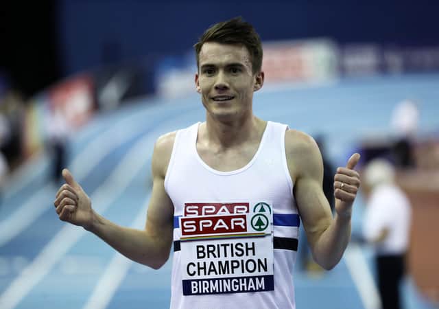 Chris O'Hare celebrating after winning the men's 3,000m final at the 2019 British Athletics Indoor Championships in Birmingham (Photo by Bryn Lennon/Getty Images)