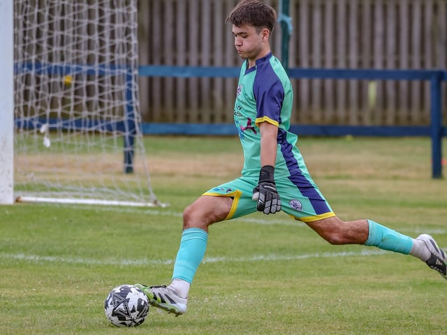 Goalkeeper Lewis Moffat taking a kick for Vale of Leithen under-20s during their first game ever, a 6-1 friendly defeat at home to Dunbar United under-20s last Friday at Victoria Park in Innerleithen (Photo: Hilary Isaac)