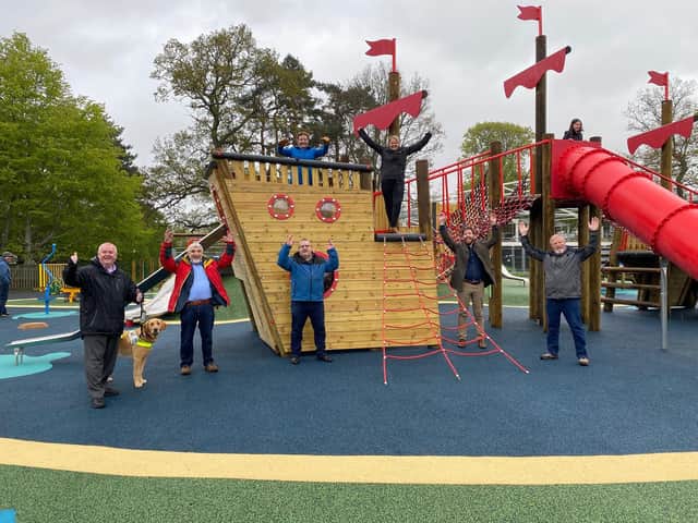 Councillors, from left, David Parker, Stuart Bell, Eric Small, Heather Anderson, Shona Haslam, Kris Chapman and Robin Tatler at the new playpark in Peebles' Victoria Park.