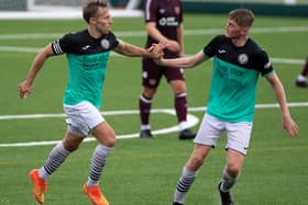 Captain Danny Galbraith, left, celebrating with Ciaran Greene after equalising for Gala Fairydean Rovers against Heart of Midlothian B at home on Saturday (Photo: Thomas Brown)