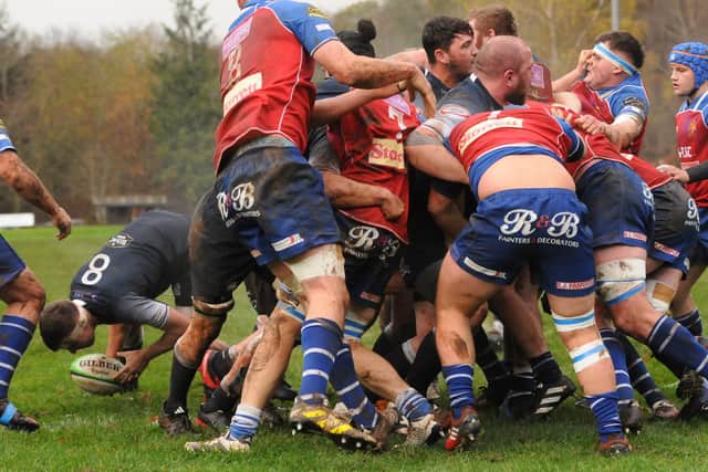 No 8 Andrew McColm scoring during Selkirk's 33-12 victory away to Jed-Forest on Saturday (Photo: Grant Kinghorn)