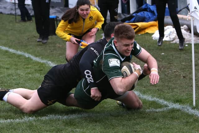 Ronan McKean going over the line for Hawick's winning try versus Currie Chieftains in 2023's Tennent's Premiership play-off final in March (Pic: Steve Cox)