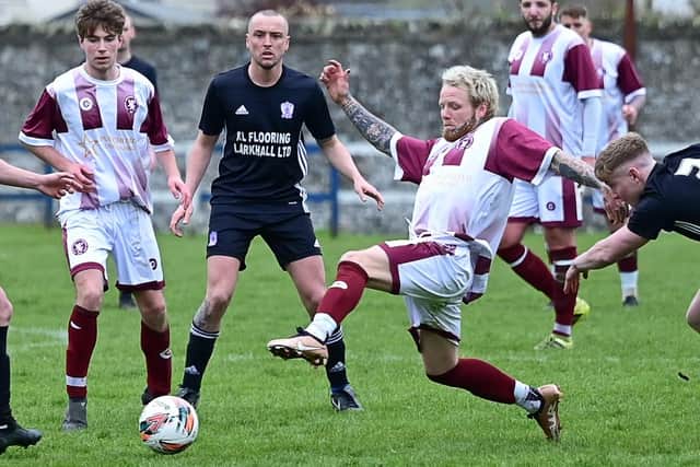 Langlee Amateurs goal-scorer Jack Hay in action against Lesmahagow during Saturday's South of Scotland Amateur Cup final in Innerleithen (Photo: Neil Renton)