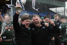 Hawick head coach Matty Douglas and backs coach Graham Hogg, right, celebrating after winning last March's Scottish Premiership play-off final against Currie Chieftains at home at Mansfield Park (Photo by Mark Scates/SNS Group/SRU)