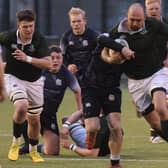 Hat-trick hero Gary Lowrie on the attack during Hawick Force's 50-29 Border junior league cup final victory over Selkirk A at Hawick's Volunteer Park on Friday (Pic: Malcolm Grant)