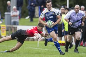 Jed-Forest inside centre Owen Cranston charging down the left wing against Glasgow Hawks at Jedburgh's Riverside Park on Saturday (Photo: Bill McBurnie)
