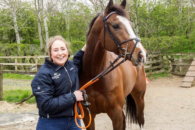 Lindean racehorse trainer Katie Scott with Colinton, a winner at Catterick last week (Photo: Bill McBurnie)