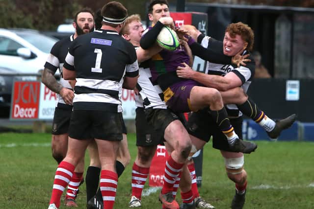 Frankie Robson and Keith Melbourne joining forces to halt a Marr attack as Kelso beat them 48-24 at home at Poynder Park on Saturday in rugby's Scottish Premiership (Photo: Steve Cox)