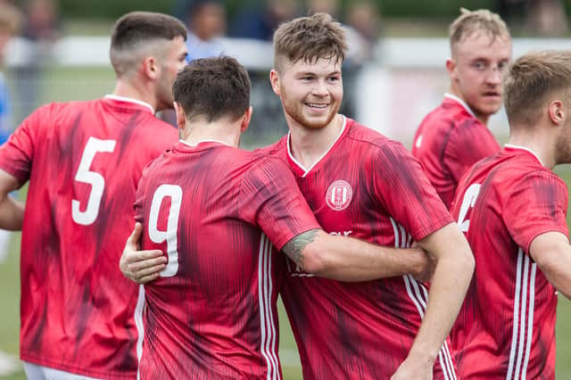 Zander Murray, seen here being congratuated by Ceiran Chalmers after scoring for Gala Fairydean Rovers against Rangers B the weekend before, opened the Borderers' account in Alloa on Friday (Photo: Bill McBurnie)