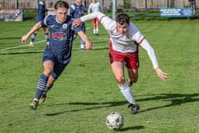 Ross Nicholson in action for Vale of Leithen during their 3-2 loss at home to Tynecastle at Victoria Park in Innerleithen on Saturday (Photo: Hilary Isaac)