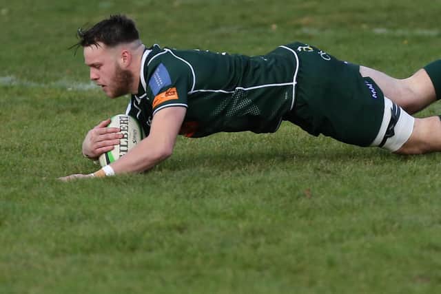 Andrew Mitchell scoring a try during Hawick's 26-16 win at home at Mansfield Park to Edinburgh Academical on Saturday in rugby's Scottish Premiership (Photo: Brian Sutherland)