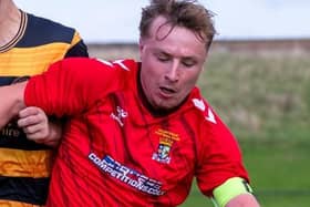 Coldstream captain Thomas Grey, pictured in prior action, scored twice during their 6-0 win at home to Easthouses Lily Miners’ Welfare on Saturday (Photo: Paul Johnston/PJ Football Photography)