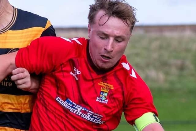 Coldstream captain Thomas Grey, pictured in prior action, scored twice during their 6-0 win at home to Easthouses Lily Miners’ Welfare on Saturday (Photo: Paul Johnston/PJ Football Photography)