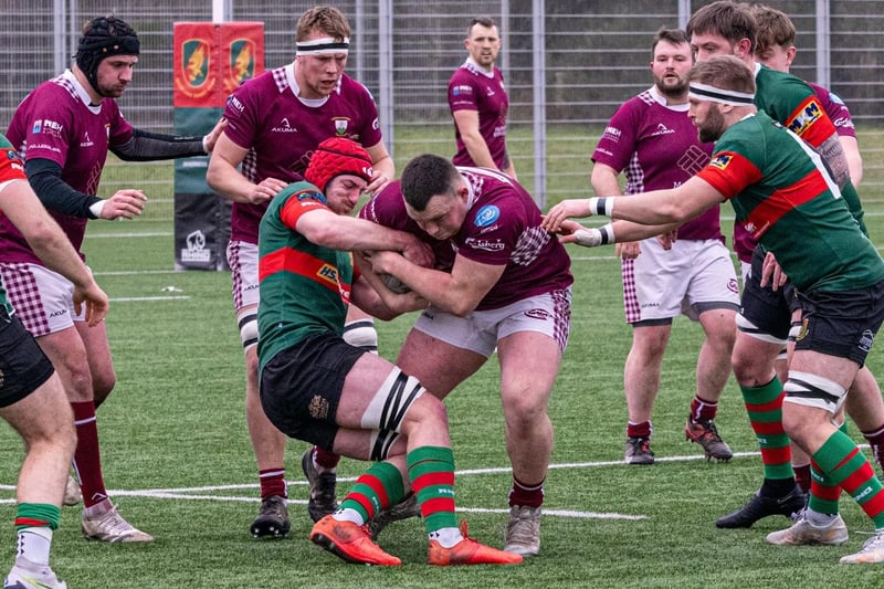 Gala on the ball during their 35-27 Scottish National League Division 1 defeat at Highland on Saturday (Pic: Owen Cochrane)
