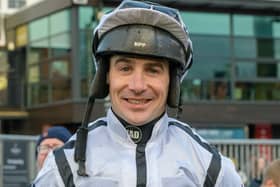 Borders jockey Ryan Mania pictured after riding Large Action to victory at Musselburgh on Sunday, one of three wins for him on the day, with a further two following on Monday (Pic: Alan Raeburn)