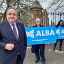 Former First Minister Alex Salmond with Alba candidates Cynthia Guthrie, Corri Wilson and Suzanne Blackley at Melrose Abbey.