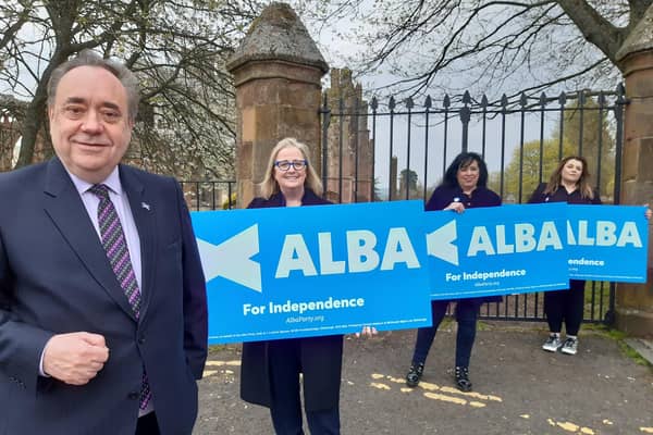 Former First Minister Alex Salmond with Alba candidates Cynthia Guthrie, Corri Wilson and Suzanne Blackley at Melrose Abbey.