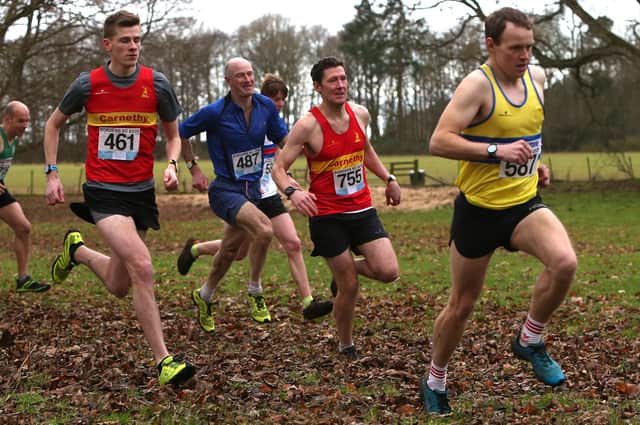 Lauderdale Limper Marc Wilkinson, right, on the run in the Borders Cross-Country Series at Paxton in January (Pic: Steve Cox)
