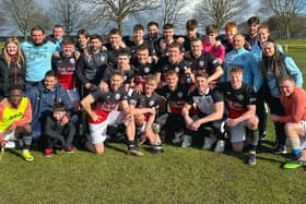 Gala Fairydean Rovers players and staff celebrating after winning the East of Scotland Cup by beating Linlithgow Rose on penalties at Rosewell's Ferguson Park on Sunday (Photo: Thomas Brown)