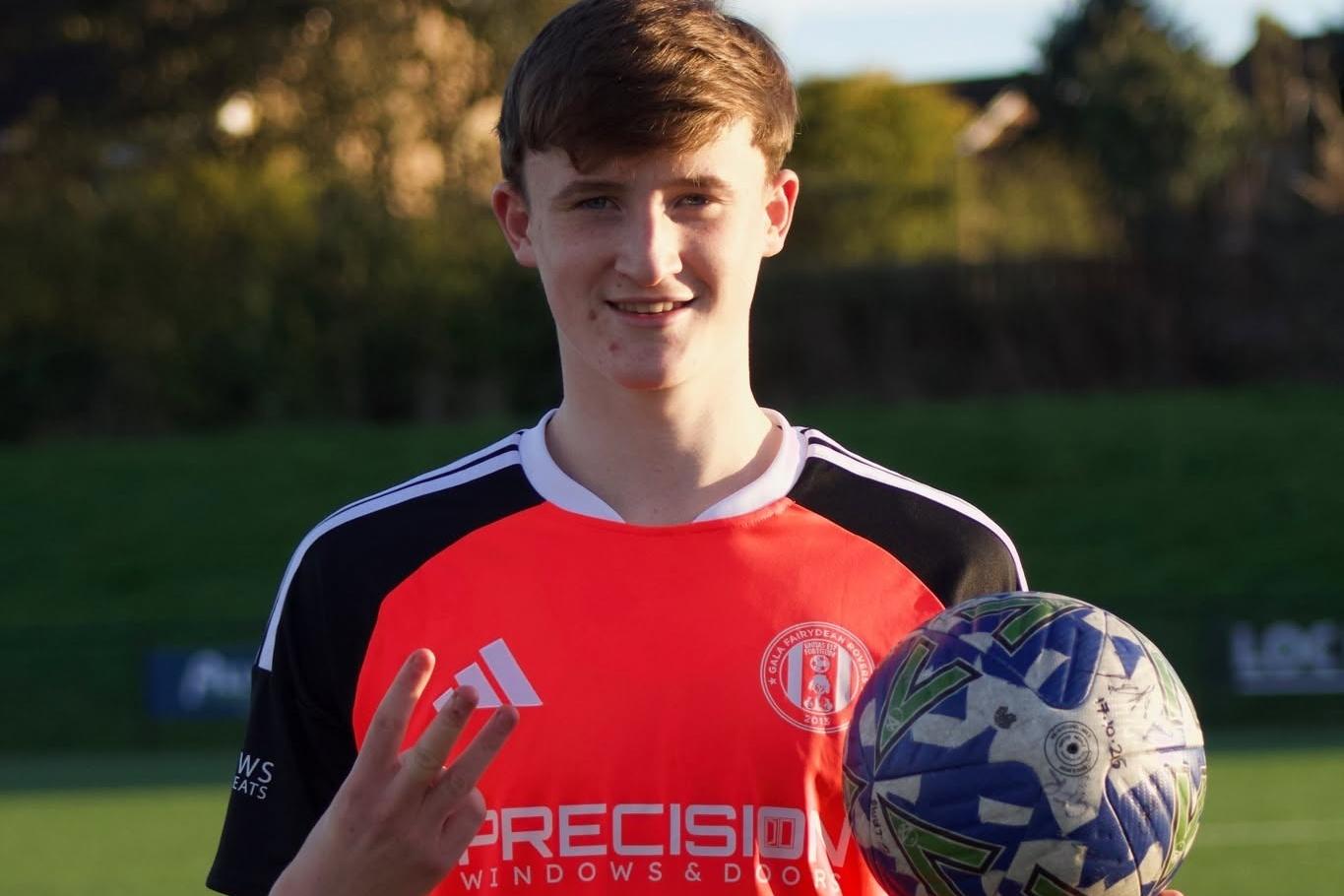 Noah Simpson celebrating his hat-trick for Gala Fairydean Rovers during their 5-1 win away to Dunipace at Westfield Park on Saturday (Photo: Gala Fairydean Rovers)