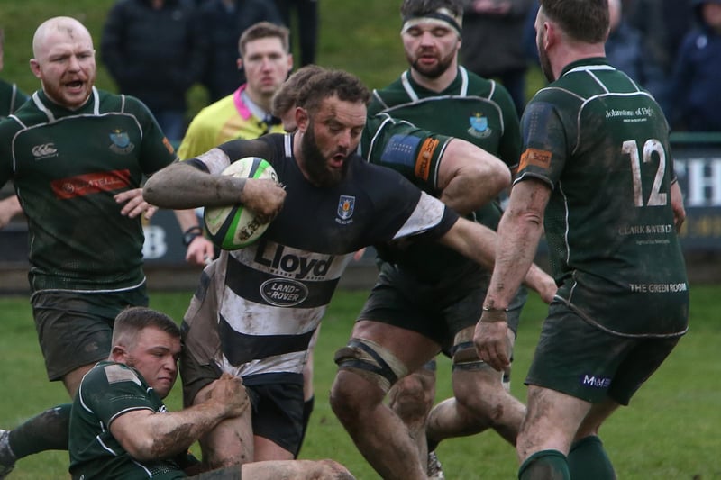 Bruce McNeil being tackled by Calum Renwick during Hawick's 25-9 win against Kelso at home at Mansfield Park on Saturday in this year's Scottish Premiership semi-final play-offs (Photo: Steve Cox)