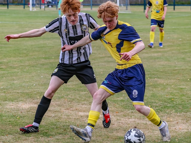 Brody Curran on the ball for Vale of Leithen under-20s during their first game ever, a 6-1 friendly defeat at home to Dunbar United under-20s last Friday at Victoria Park in Innerleithen (Photo: Hilary Isaac)