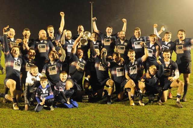 Selkirk celebrating their seventh Border League title win after edging out Melrose 12-6 at Netherdale in Galashiels in March (Photo: Grant Kinghorn)
