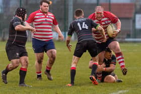 Matt Carryer on the ball for Peebles during their 21-18 win at Lasswade in rugby's Scottish National League Division 2 on Saturday (Photo: Stephen Mathison)