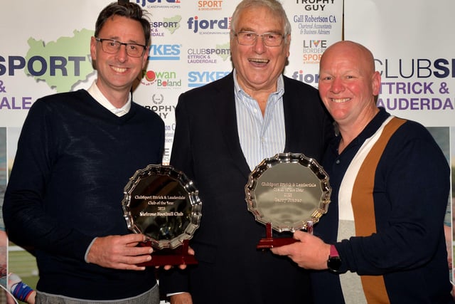 Melrose Football Club's Greg Simpson, left, and Garry Fraser, right, with Gordon Richardson at 2023's ClubSport Ettrick and Lauderdale awards