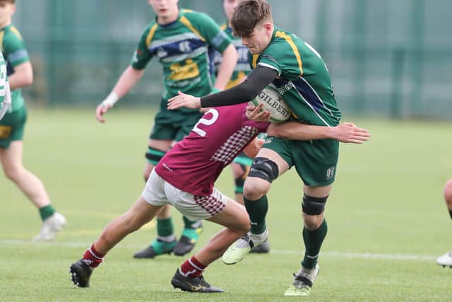 Harry Bryson in possession during Hawick Youth's 38-21 Borders semi-junior rugby league win at home to Gala Wanderers at Volunteer Park on Saturday (Photo: Brian Sutherland)