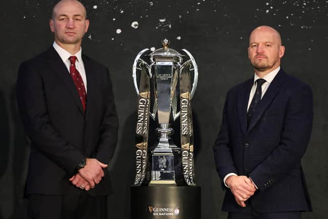 Scotland rugby head coach Gregor Townsend and his English opposite number, Steve Borthwick, posing alongside the Six Nations trophy at the launch of this year's championship at London County Hall last month (Photo by David Rogers/Getty Images)