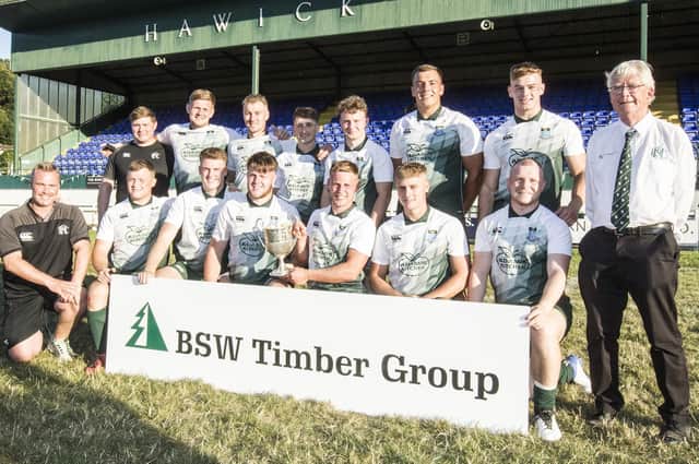 Hawick celebrating winning their own rugby sevens tournament for the first time since 2016 on Saturday