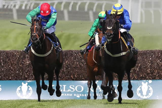 Ryan Mania riding the Ferry Master, right, to victory in the 3pm Schloss Roxburghe Hotel Handicap Chase at Kelso on Sunday for his trainer father-in-law Sandy Thomson, with Sam Coltherd on runner-up Hidden Commander, left, and Conor O'Farrell on Exit to Where behind (Pic: Brian Sutherland)