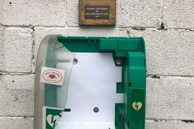 The defibrillator case was smashed and the life-saving device stolen in the incident. It has since been returned.